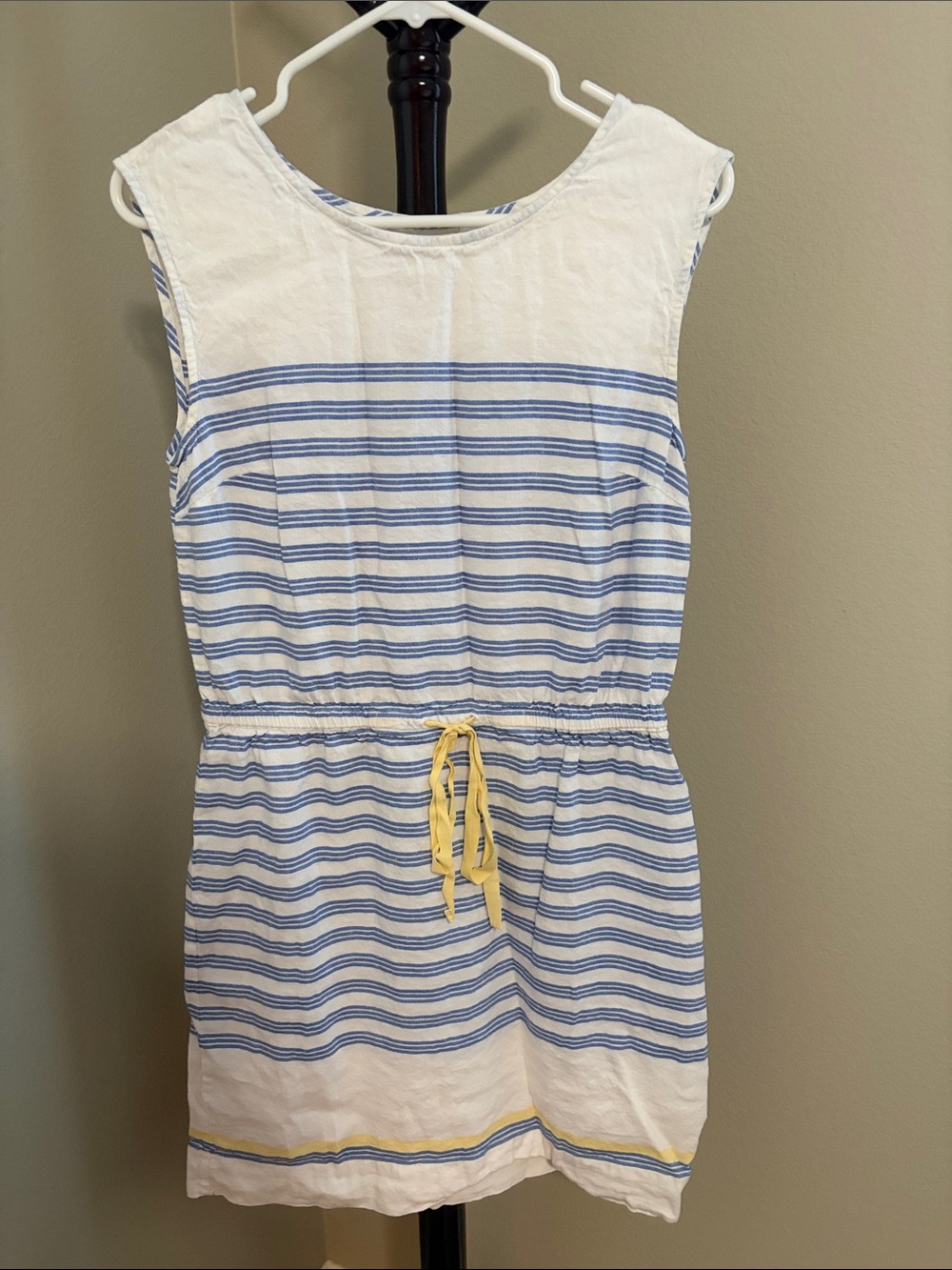 LOFT White and Blue Striped Midi Dress with Yellow Tie